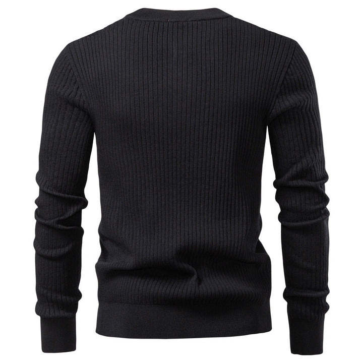 Men's Ribbed Knit Sweater with Buttoned Collar and Long Sleeves - Elena Harper