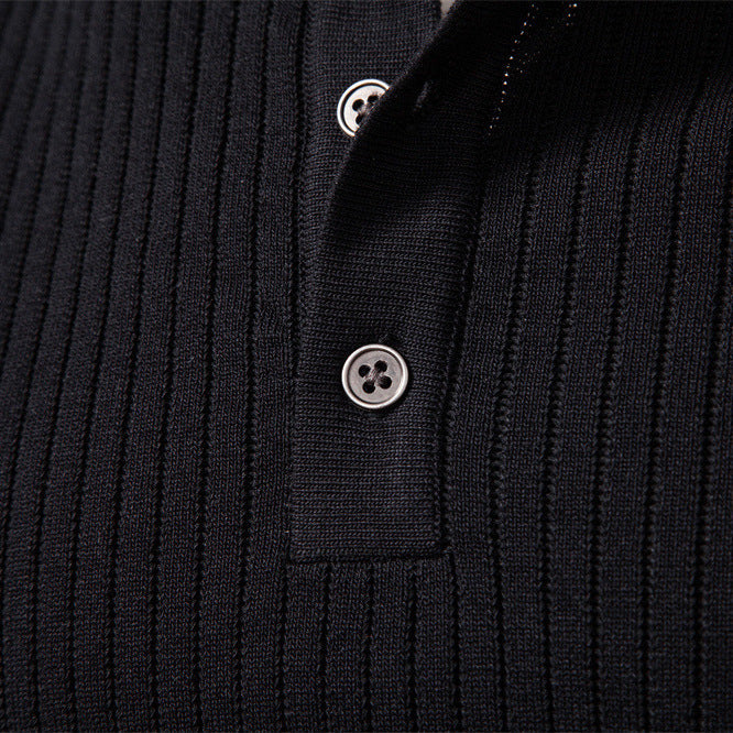 Men's Ribbed Knit Sweater with Buttoned Collar and Long Sleeves - Elena Harper