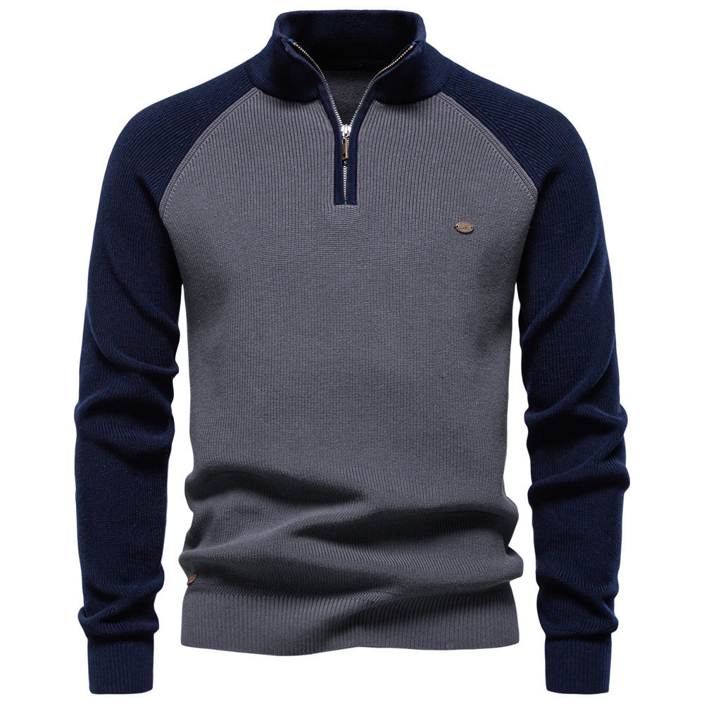 Men's Knit Sweater with High Collar and Half-Zip, Raglan Sleeves - Elena Harper
