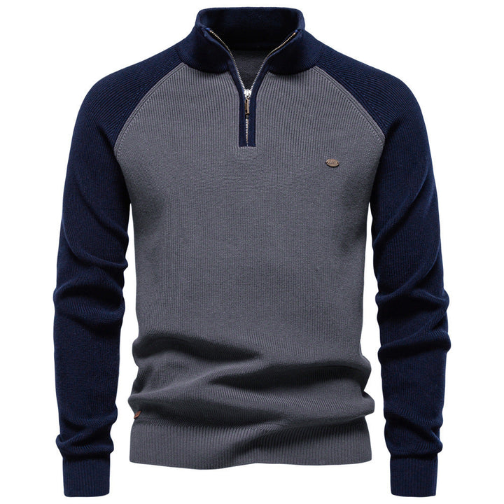 Men's Knit Pullover with High Collar, Half-Zip, Raglan Sleeves