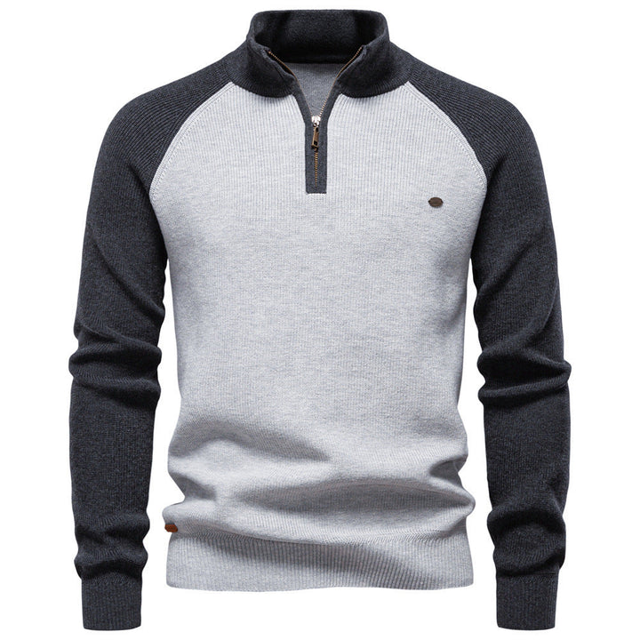 Men's Knit Sweater with High Collar and Half-Zip, Raglan Sleeves - Elena Harper
