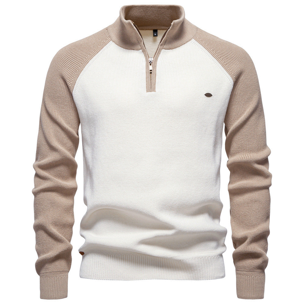 Men's Knit Sweater with High Collar and Half-Zip, Raglan Sleeves - Elena Harper