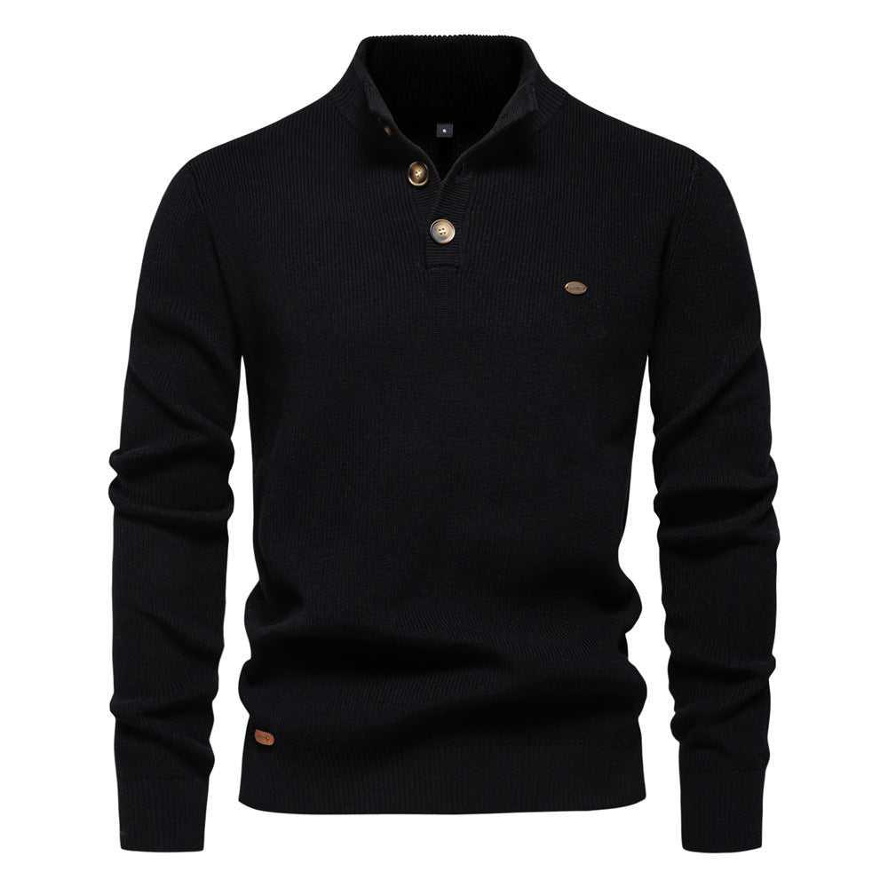 Men's Knit Pullover with High Collar and Button Closure, Long Sleeves - Elena Harper
