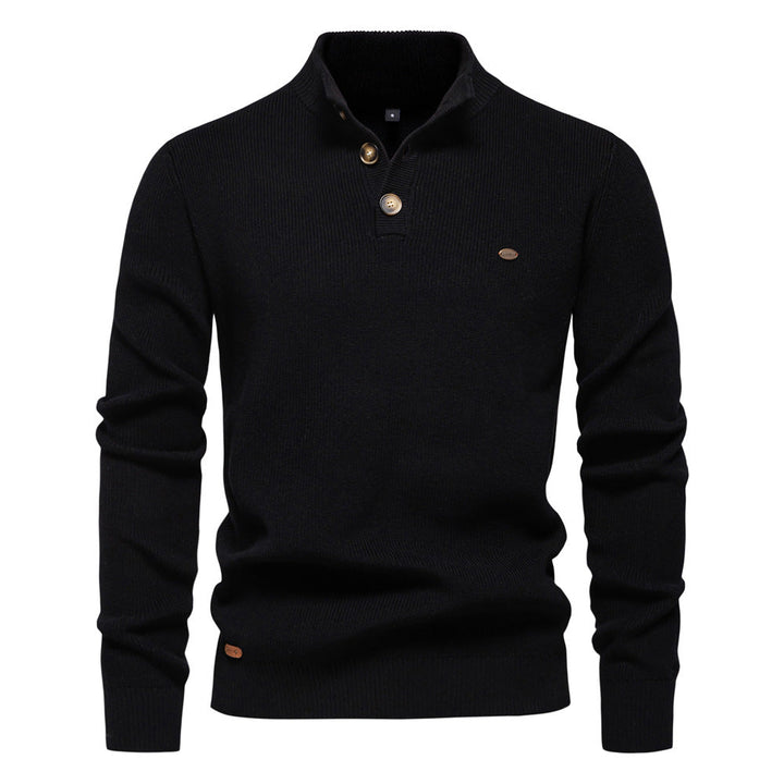Men's Knit Pullover with High Collar and Button Closure, Long Sleeves - Elena Harper