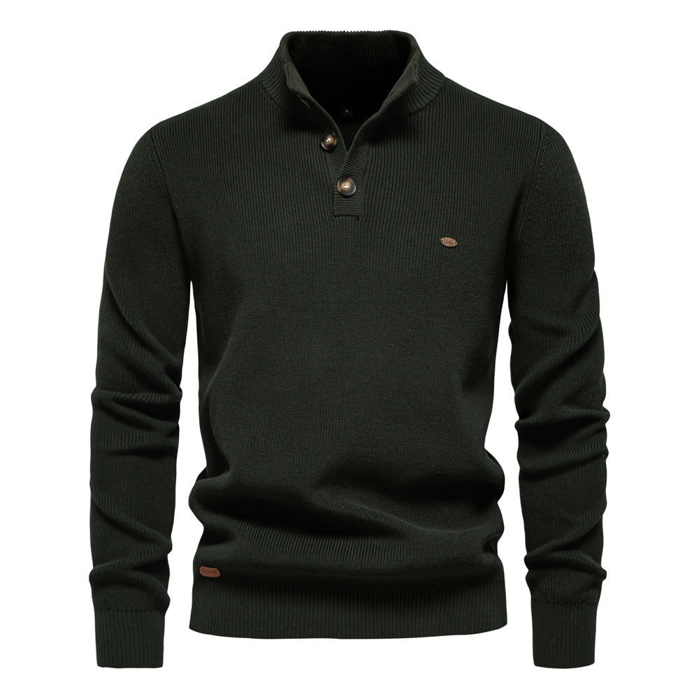 Men's Knit Pullover with High Collar and Button Closure, Long Sleeves - Elena Harper