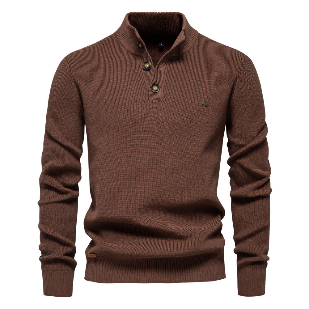 Men's Knit Pullover with High Collar and Button Closure, Long Sleeves - Elena Harper