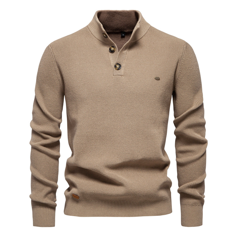 Men's Knit Pullover with High Collar and Button Closure, Long Sleeves - Elena Harper