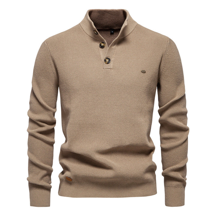 Men's Knit Pullover with High Collar and Button Closure, Long Sleeves - Elena Harper