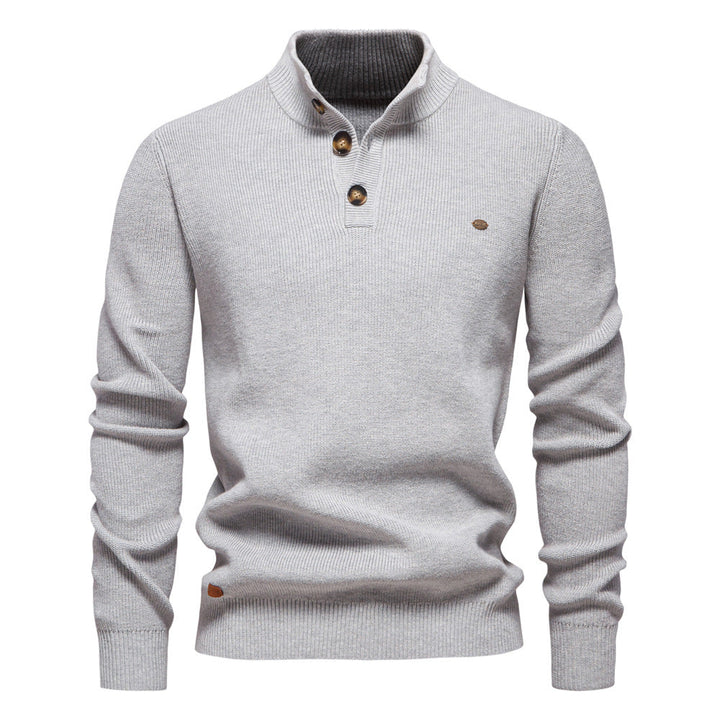 Men's Knit Pullover with High Collar and Button Closure, Long Sleeves - Elena Harper