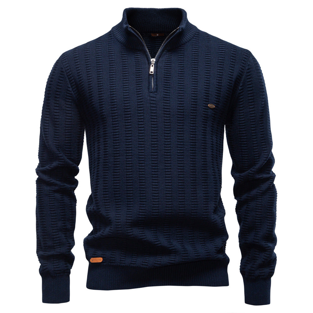 Men's Knit Pullover with High Collar, Half-Zip, Long Sleeves
