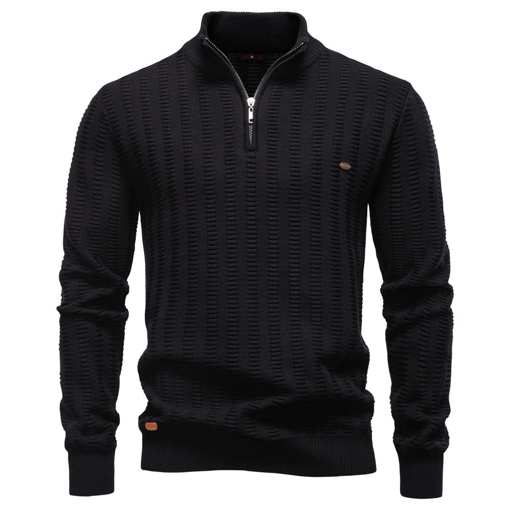 Men's Knit Pullover with High Collar, Half-Zip, Long Sleeves