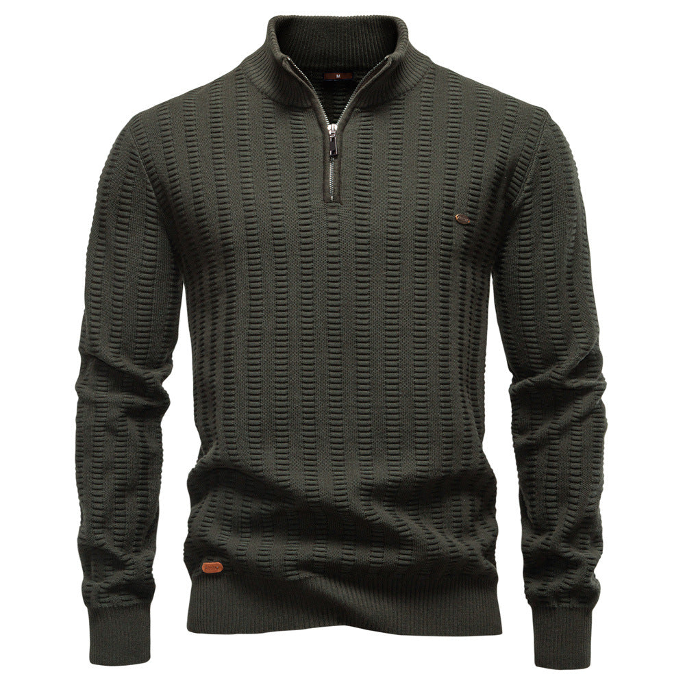 Men's Knit Pullover with High Collar, Half-Zip, Long Sleeves