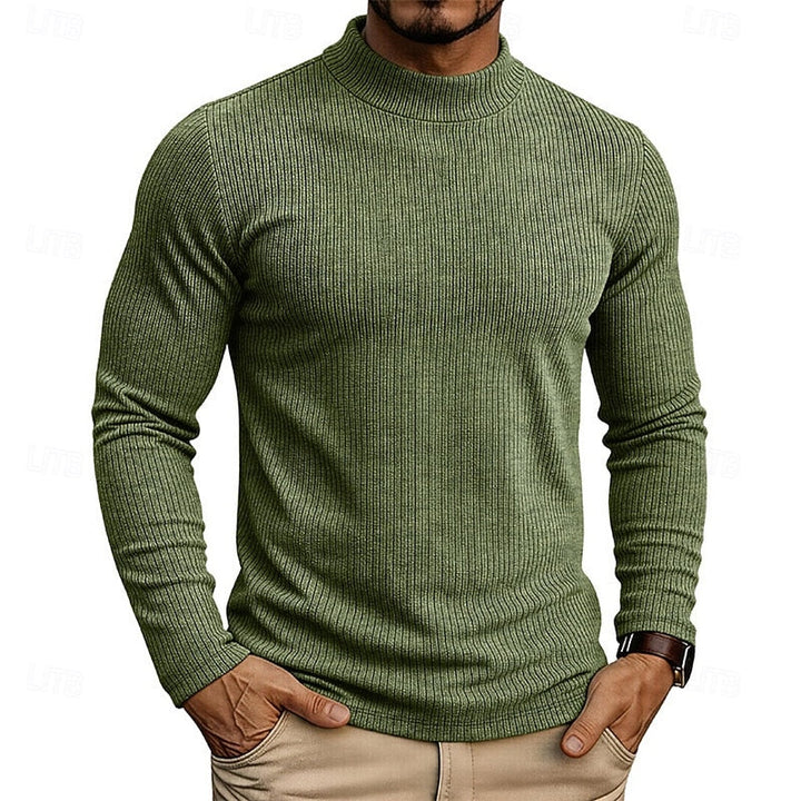 Men's Ribbed Knit Sweater with High Collar and Long Sleeves - Elena Harper