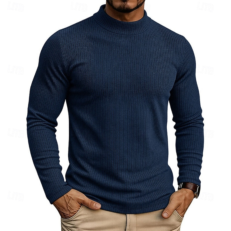 Men's Ribbed Knit Sweater with High Collar and Long Sleeves - Elena Harper