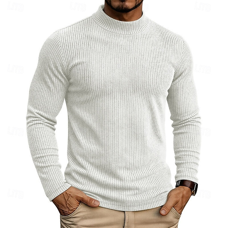 Men's Ribbed Knit Sweater with High Collar and Long Sleeves - Elena Harper