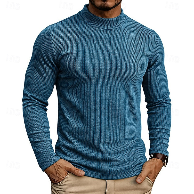 Men's Ribbed Knit Sweater with High Collar and Long Sleeves - Elena Harper