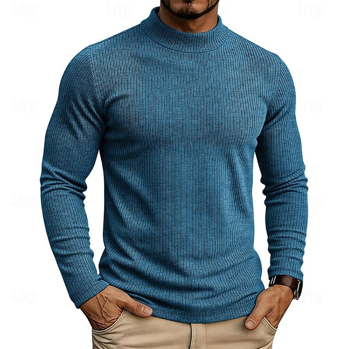 Men's Ribbed Knit Sweater with High Collar and Long Sleeves - Elena Harper