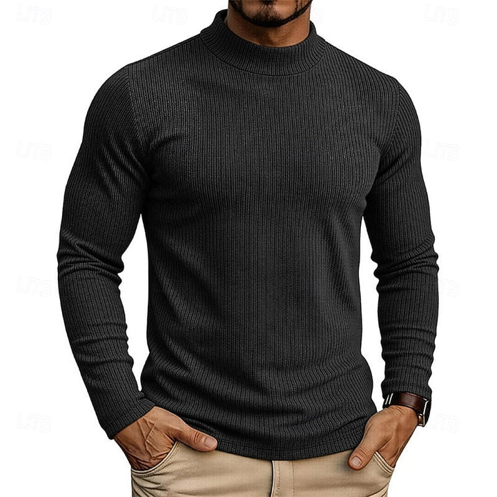 Men's Ribbed Knit Sweater with High Collar and Long Sleeves - Elena Harper