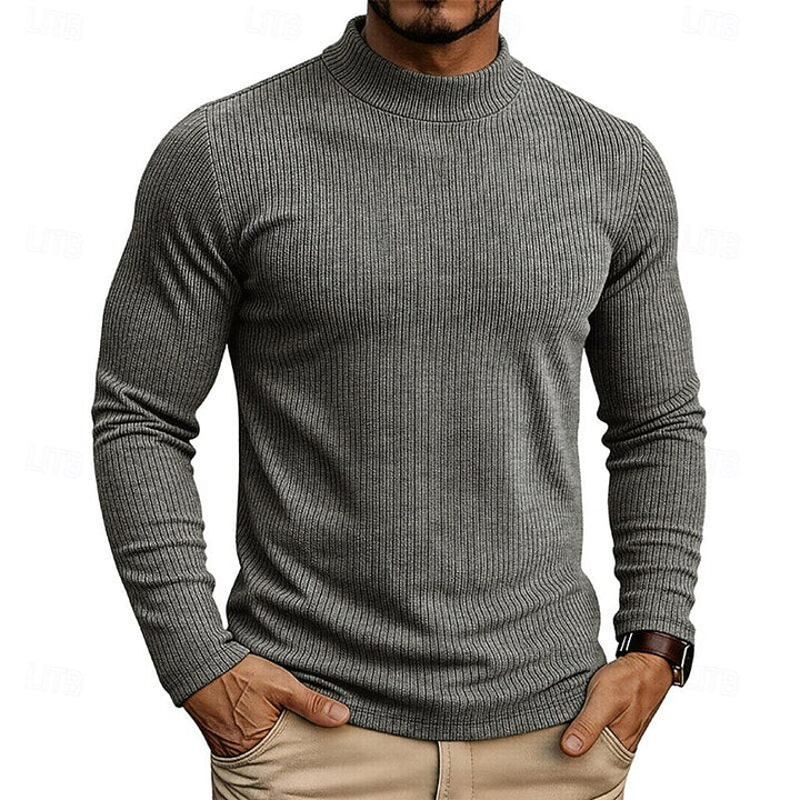 Men's Ribbed Knit Sweater with High Collar and Long Sleeves - Elena Harper