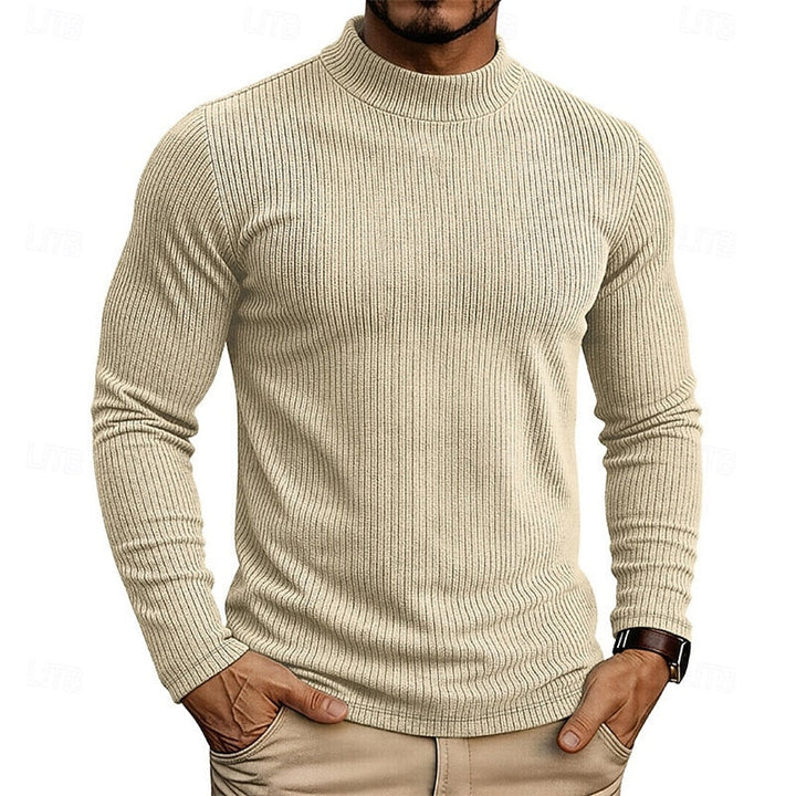 Men's Ribbed Knit Sweater with High Collar and Long Sleeves - Elena Harper