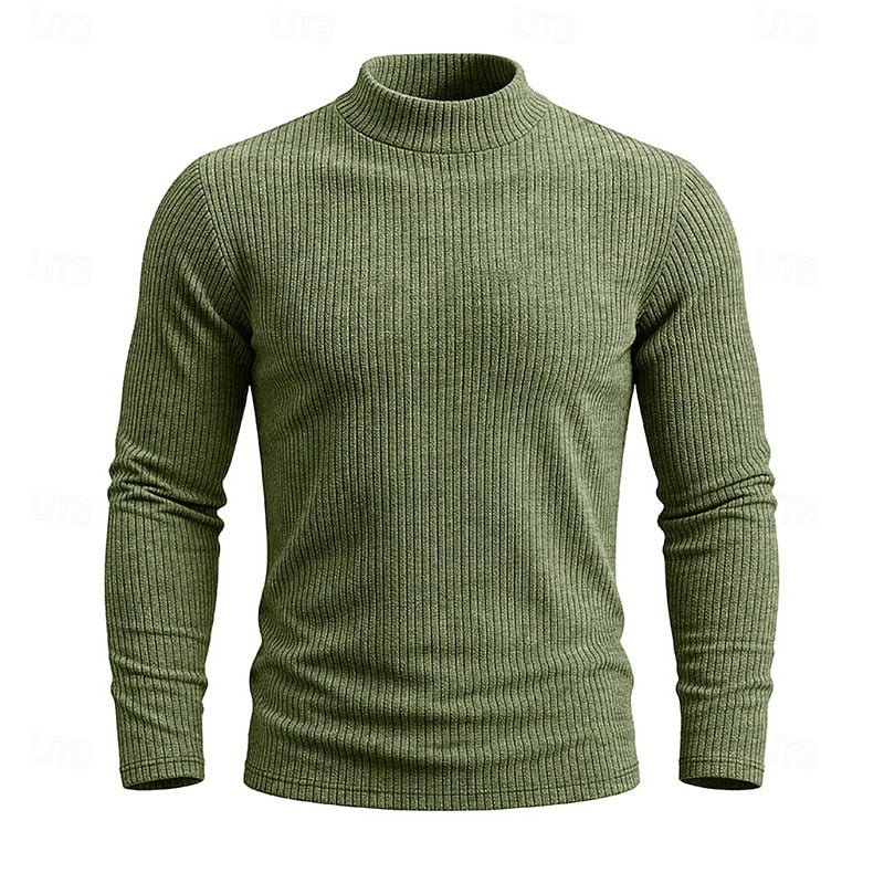 Men's Ribbed Knit Sweater with High Collar and Long Sleeves - Elena Harper