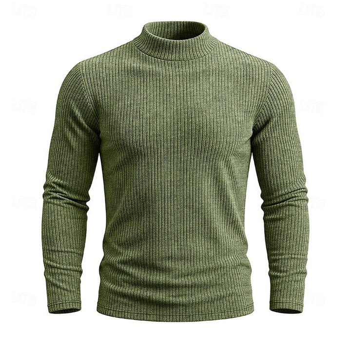 Men's Ribbed Knit Sweater with High Collar and Long Sleeves - Elena Harper