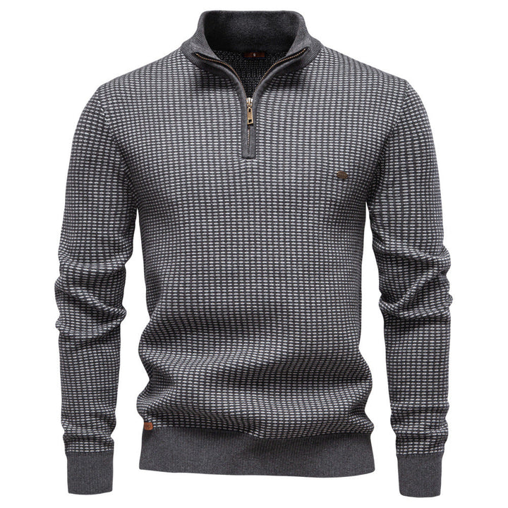 Men's Knit Sweater with High Collar and Half-Zip Pattern
