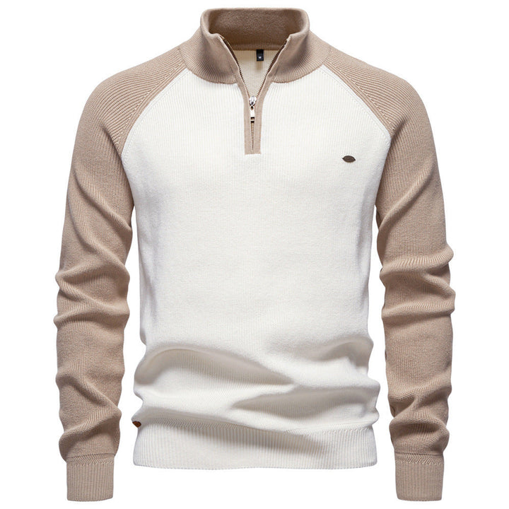 Two-Tone Men's Sweater with High Collar and Half-Zip