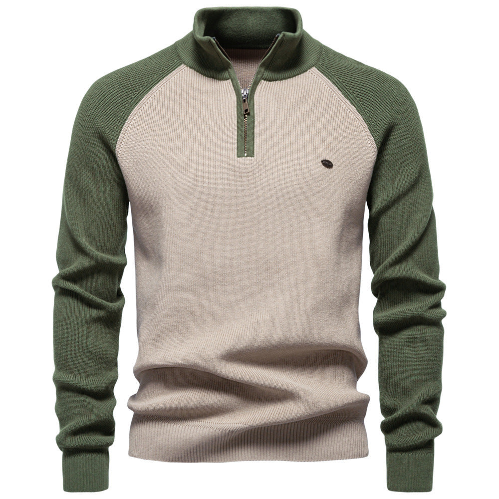 Two-Tone Men's Sweater with High Collar and Half-Zip