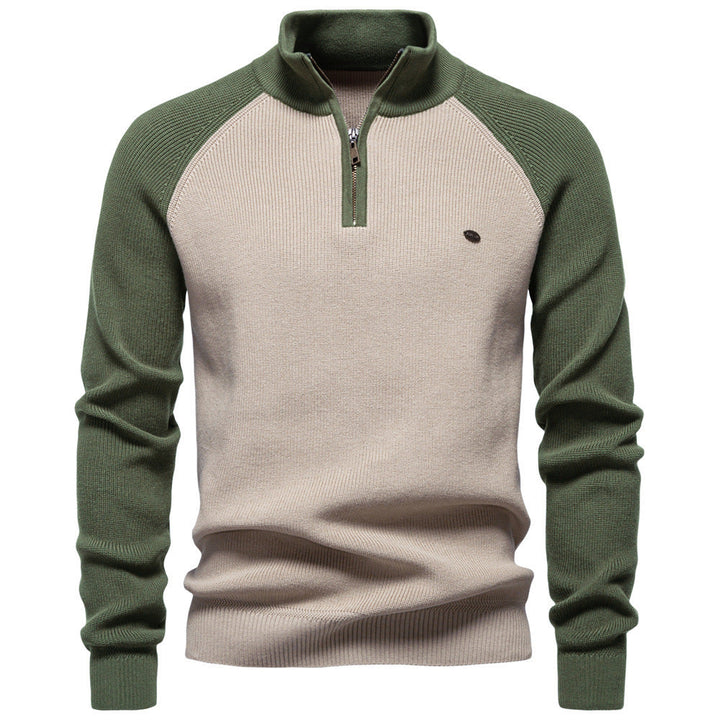 Two-Tone Men's Sweater with High Collar and Half-Zip