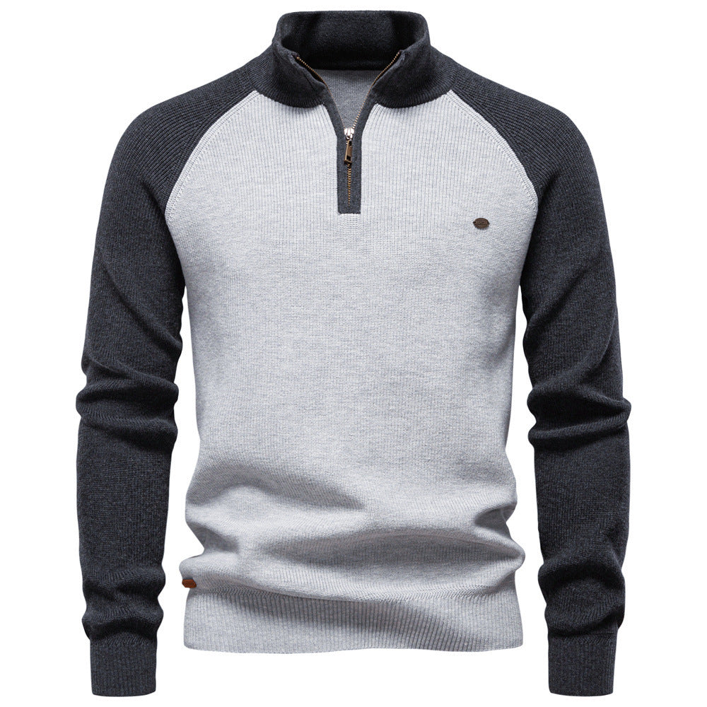 Two-Tone Men's Sweater with High Collar and Half-Zip