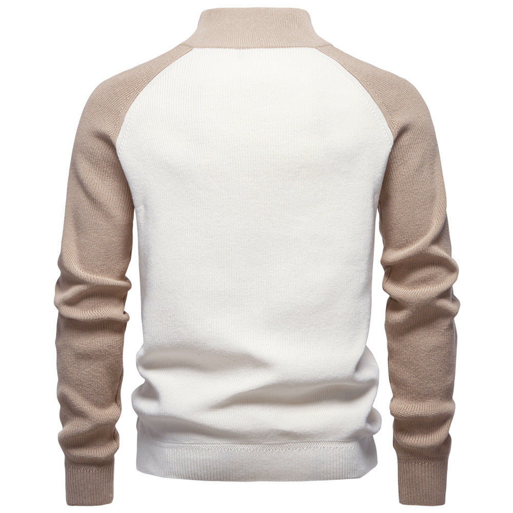 Two-Tone Men's Sweater with High Collar and Half-Zip