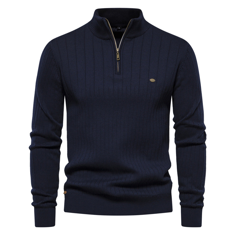 Men's Ribbed Knit Sweater with High Collar and Half-Zip - Elena Harper