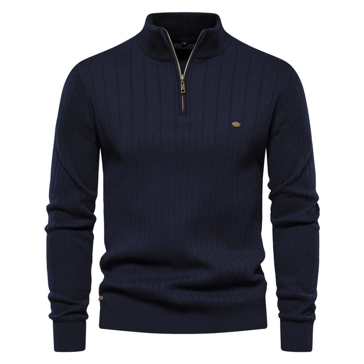 Men's Ribbed Knit Sweater with High Collar and Half-Zip - Elena Harper