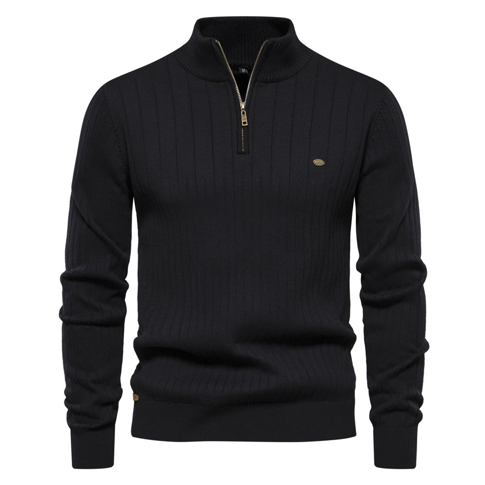 Men's Ribbed Knit Sweater with High Collar and Half-Zip - Elena Harper