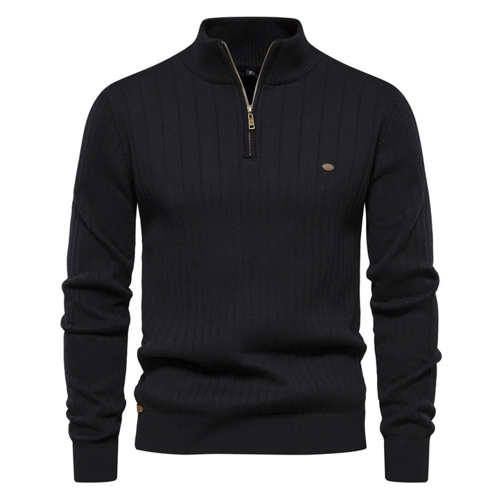Men's Ribbed Knit Sweater with High Collar and Half-Zip - Elena Harper