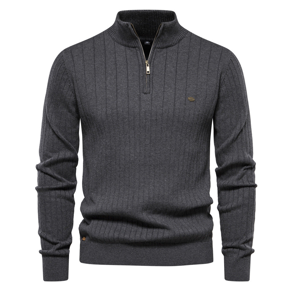Men's Ribbed Knit Sweater with High Collar and Half-Zip - Elena Harper