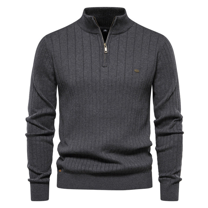 Men's Ribbed Knit Sweater with High Collar and Half-Zip - Elena Harper
