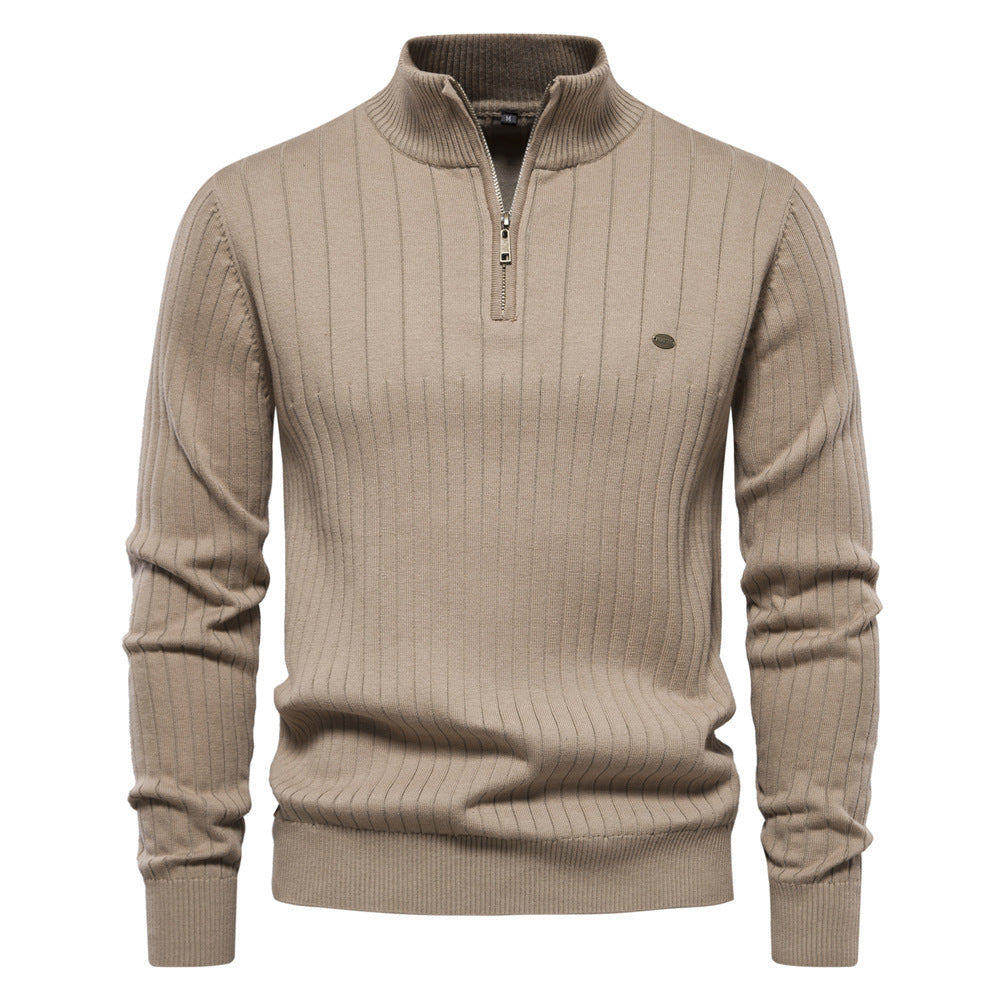 Men's Ribbed Knit Sweater with High Collar and Half-Zip - Elena Harper