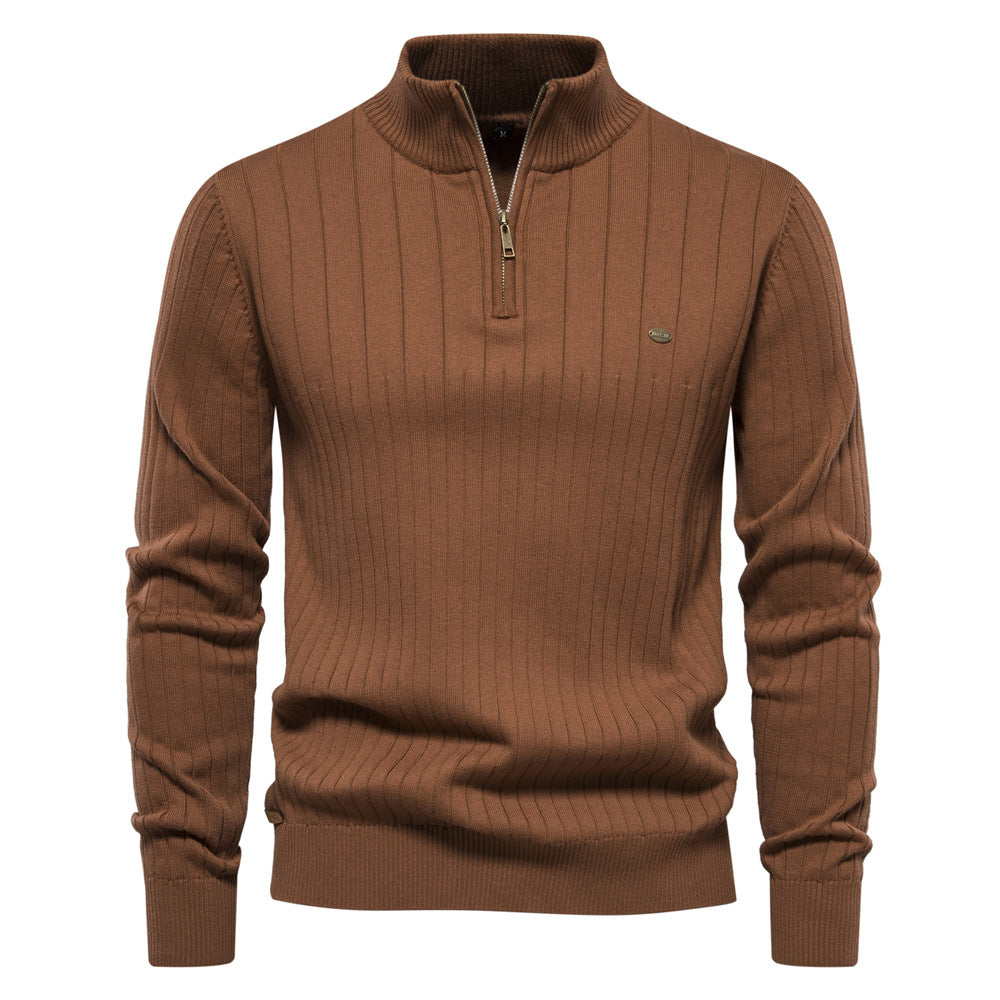 Men's Ribbed Knit Sweater with High Collar and Half-Zip - Elena Harper