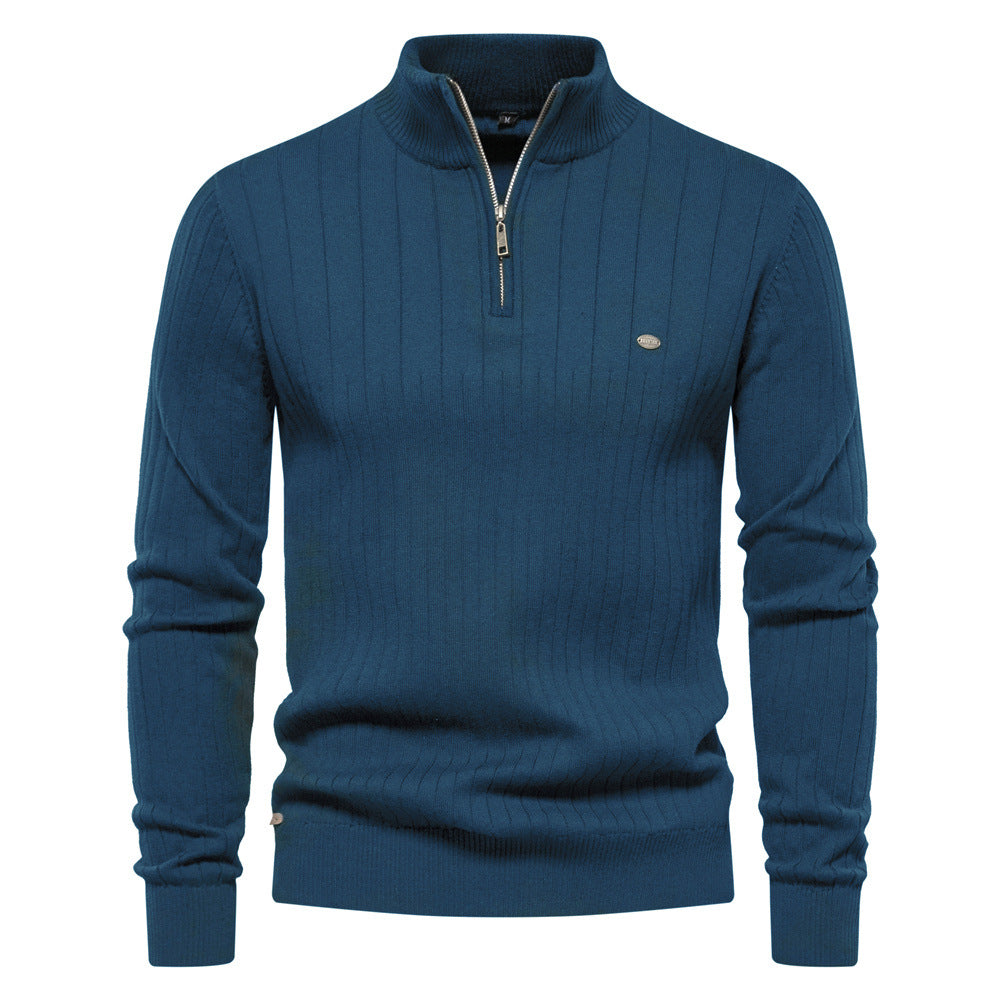 Men's Ribbed Knit Sweater with High Collar and Half-Zip - Elena Harper
