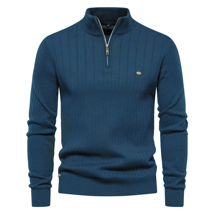 Men's Ribbed Knit Sweater with High Collar and Half-Zip - Elena Harper