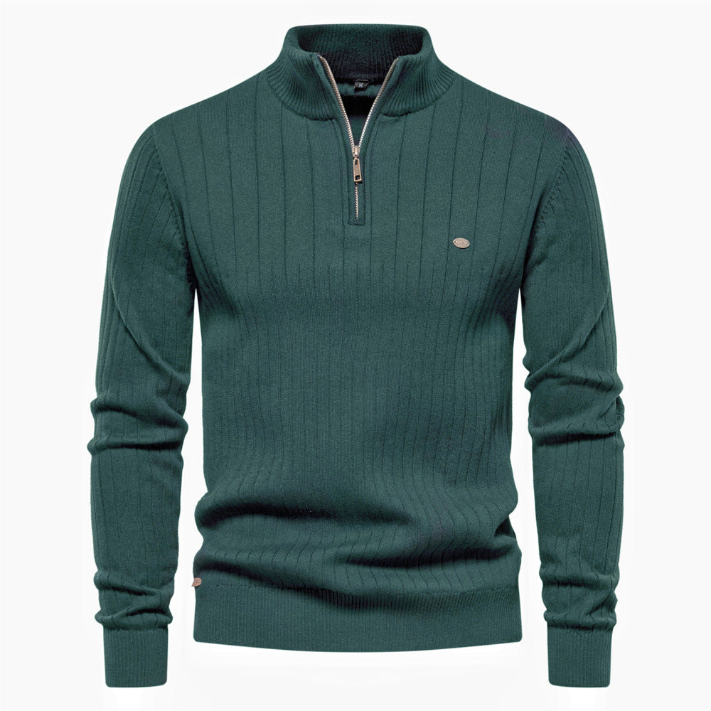 Men's Ribbed Knit Sweater with High Collar and Half-Zip - Elena Harper