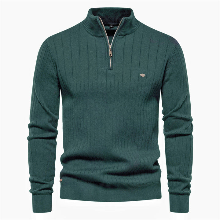 Men's Ribbed Knit Sweater with High Collar and Half-Zip - Elena Harper
