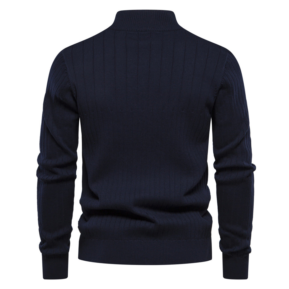 Men's Ribbed Knit Sweater with High Collar and Half-Zip - Elena Harper