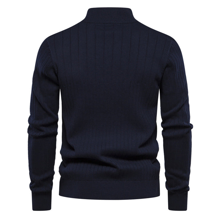 Men's Ribbed Knit Sweater with High Collar and Half-Zip - Elena Harper