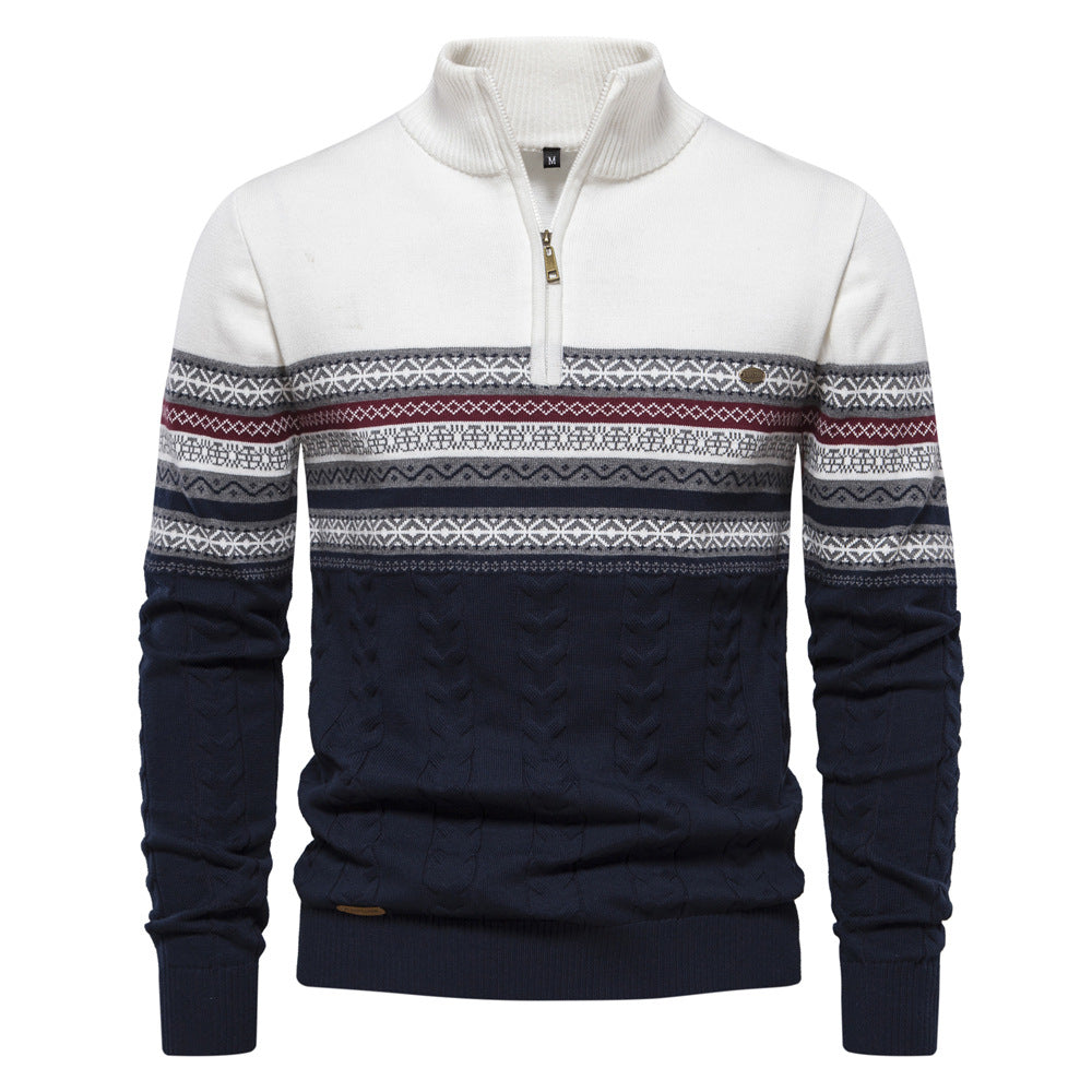 Men's Half-Zip High Collar Sweater with Jacquard Pattern