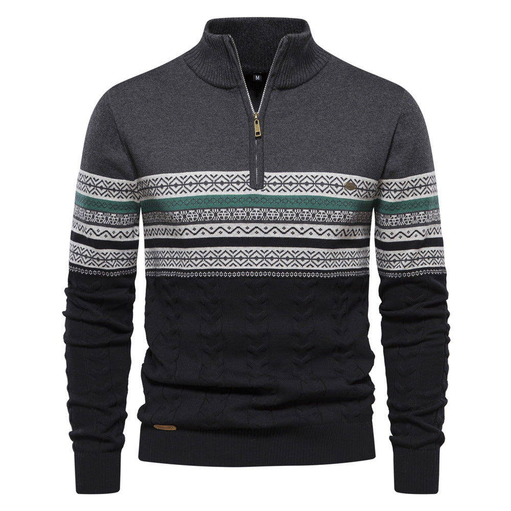 Men's Half-Zip High Collar Sweater with Jacquard Pattern