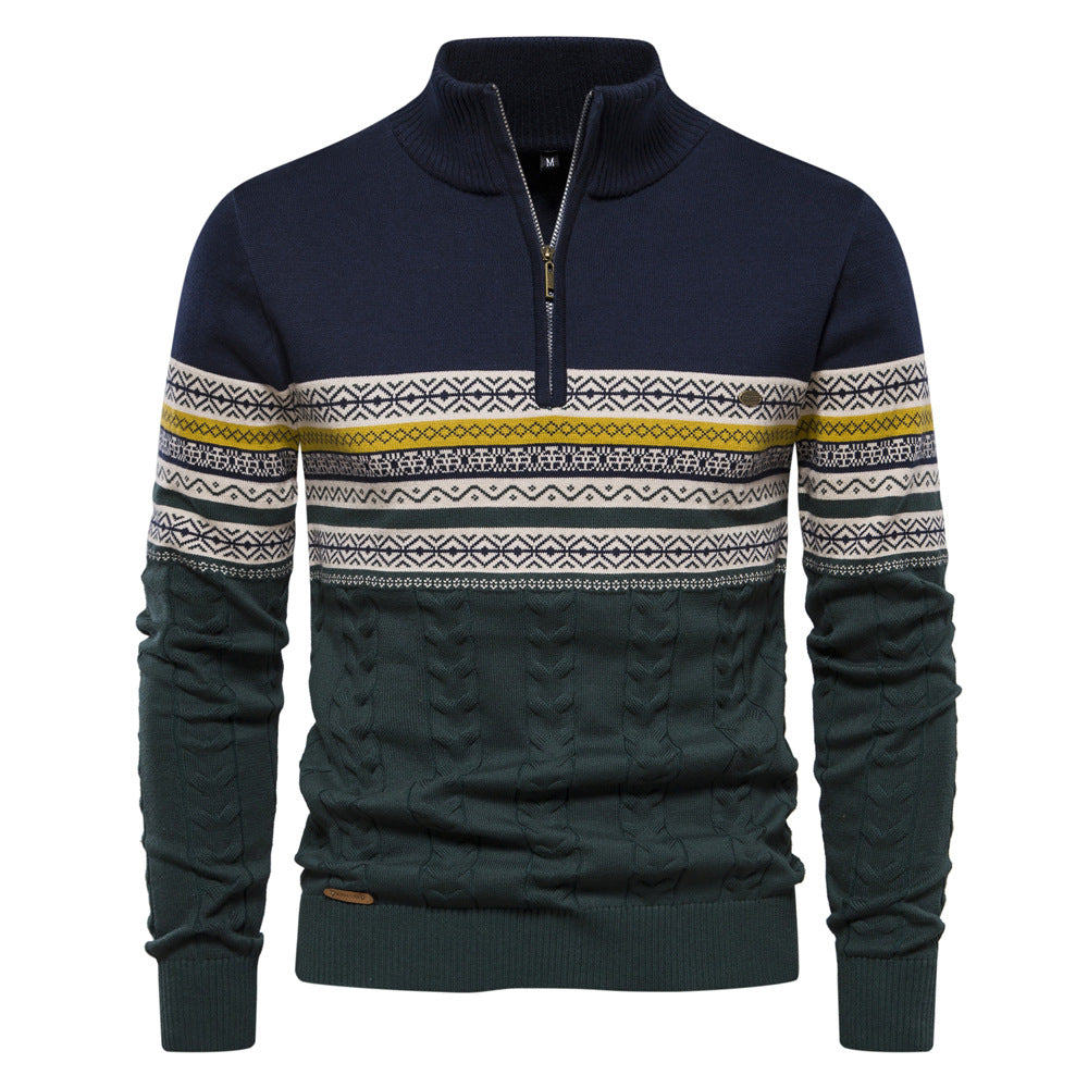 Men's Half-Zip High Collar Sweater with Jacquard Pattern