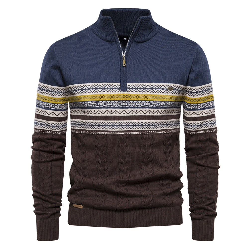 Men's Half-Zip High Collar Sweater with Jacquard Pattern